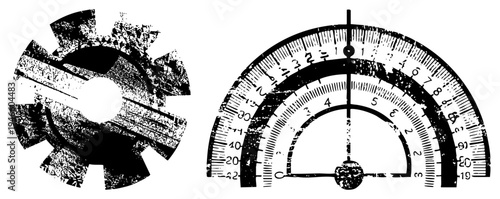 Worn industrial gear and drafting protractor with scale markings, technical drawing tools, engineering schematic, mechanical design, vector graphic.