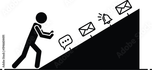 person pushing messages and emails uphill, communication overload concept, digital stress, social media notification pressure illustration design