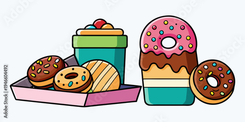 Vector Icon Set of Assorted Donut Boxes and Containers Featuring Glazed Donuts, Sprinkles, Chocolate Eclairs, and Donut Holes in a Bold Outline Style for Bakery Menus, Food Apps, and Web Graphics.