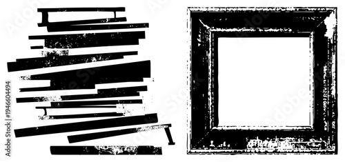 Stylized broken bookshelf pieces and classic frame, distressed texture, graphic art, isolated elements, scrapbook design, retro decor.