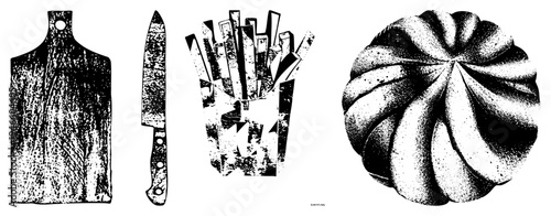 Wooden kitchen board with grain, chef knife with rivets, halftone texture, culinary tools, rustic kitchenware, food prep equipment, black and white vector illustration.