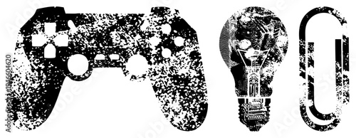 Distressed black and white vector of gamepad, bulb, and paperclip with speckled texture, ideal for creative design or UI elements.