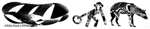 Graphic vector animals with abstract geometric, tribal art style, black and white design, isolated cutout illustrations.