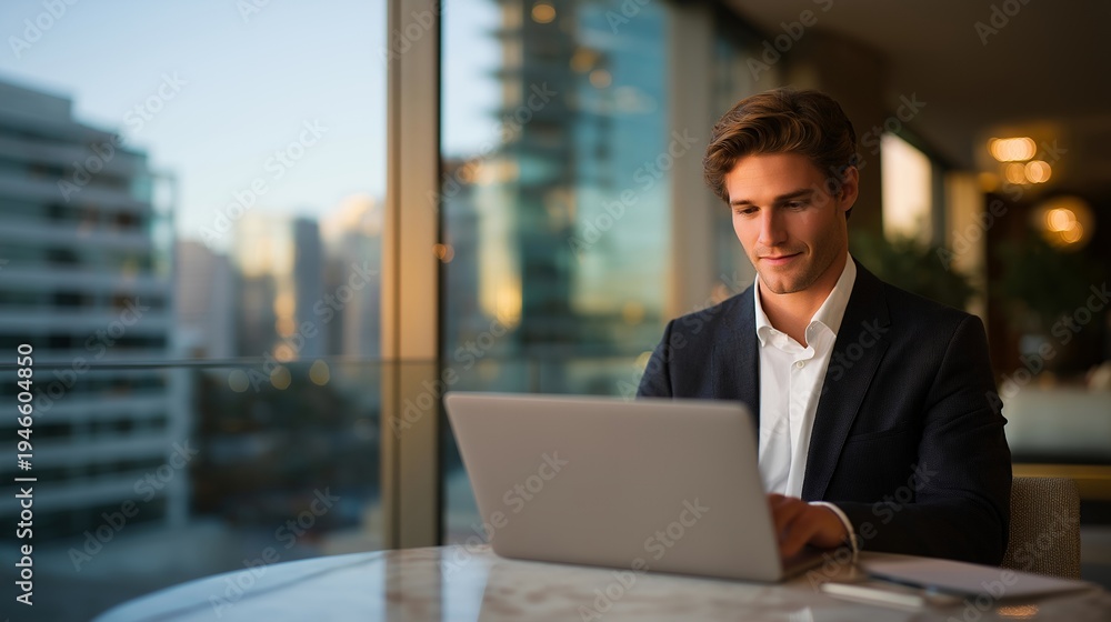 Fototapeta premium Business consultant unpacking laptop at airport lounge during layover, passport and boarding pass visible on sleek marble table, city skyline visible through floor-to-ceiling windows, perfect for