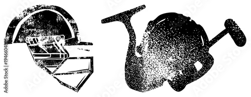 Retro sports helmet and fishing reel rendered in gritty halftone, stencil art, black and white vector graphics, isolated for design projects.