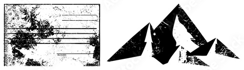 Abstract mountain range silhouette with wolf head cutout, distressed texture, graphic, nature, wilderness emblem.