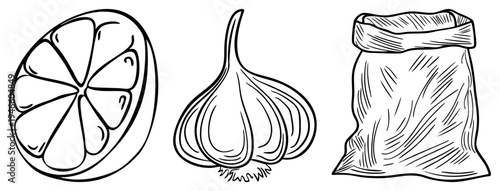 Hand drawn citrus slice, garlic bulb, and burlap sack, culinary ingredients, food illustration, flat vector sketch, kitchen essentials, rustic pantry items.