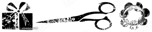 Black and white grunge vector gift box with bow, scissors, tambourine. Retro distressed style, isolated symbols for design, craft, or music themes.