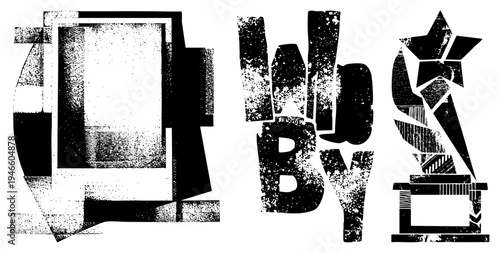 Stylized graphic logos featuring fragmented shapes, distressed typography, and halftone, ideal for branding or digital art. Includes star, text, and frame motifs with gritty texture.