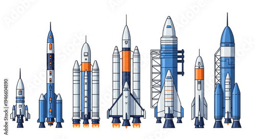 Collection of various rockets and spacecraft designs.