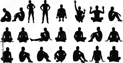Silhouettes of diverse men and women sitting on the floor in various relaxed poses for meditation yoga and rest vector illustration set.