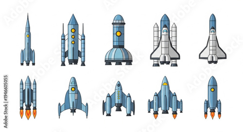 Collection of cartoon style rockets and spaceships in various designs.