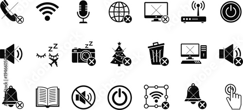technology off and mute icons set, wifi, microphone, speaker, notification, computer, internet disable symbols illustration collection