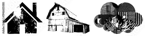 Rustic barn and house rendered in high contrast halftone, distressed texture, graphic design elements, vector illustration, black and white, isolated foreground, stylized architecture.