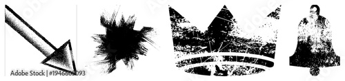 Graphic symbols rendered in halftone style downward arrow, explosive splash, regal crown, and classic bell. Vector with gritty texture, ideal for UI, branding, or abstract design projects.