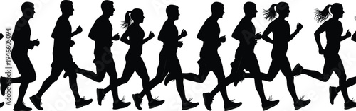 Silhouettes of diverse men and women running and jogging in a row for fitness exercise and marathon training vector illustration.