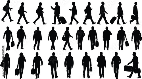 Silhouettes of diverse people walking and commuting with luggage backpacks and briefcases in various profile and front view poses set.