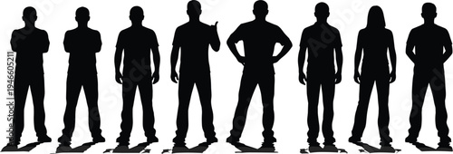 Group of people silhouettes standing in confident poses isolated on white background, diverse men and woman shadow figures collection
