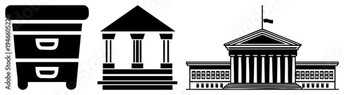 Black vector of office furniture, classical temple, and courthouse with columns, representing institutional and structures.