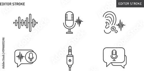 Voice web icons in line style. Sound wave, voice recognition, message, audio, speech, collection. Editable stroke. Vector illustration