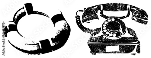 Retro rotary phone with handset and dial, abstract circular graphic, vector illustration, black and white, halftone texture, communication, isolated design.