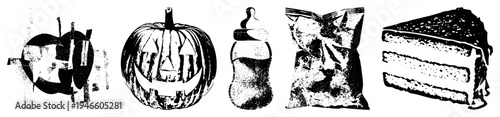Halloween pumpkin with carved face, baby bottle, crinkled snack bag, layered cake slice all rendered in halftone dot, vector, black and white, isolated foreground elements.