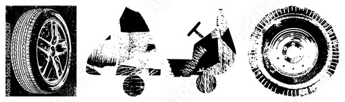 Black and white vector graphics of car tires and a pedal car, halftone texture, stylized wheels, retro toy vehicle, isolated automotive elements.