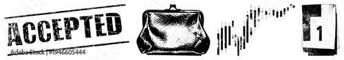 Grunge stamped "ACCEPTED", vintage purse, financial candlestick chart, document page one, vector, business approval symbols.