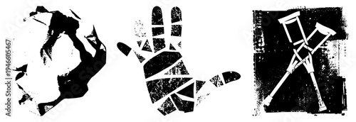 Three isolated black and white vector shattered hand, fractured globe, crutches, rendered in gritty halftone style. Symbolizes injury, global crisis, mobility aid.