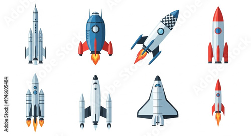 Collection of eight different cartoon style rockets and spaceships.