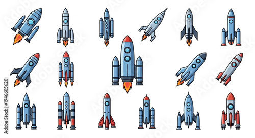 Collection of cartoon rockets and spaceships in various designs.
