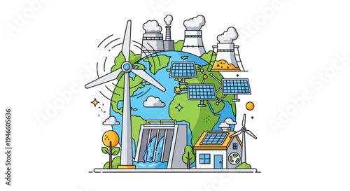Sustainable Energy Cartoon Illustration Globe Wind Turbines.