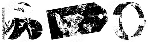 Distressed black and white vector businessman silhouette, torn price tag, hollow letter O, gritty texture, urban design, graphic symbol, minimalist.