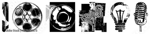 Retro tech including film reel, microphone, lightbulb, circuit board, thermometer, stylized vector silhouettes, design.