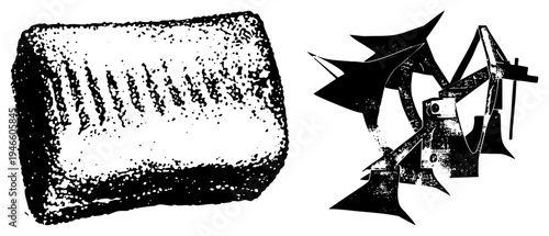 Stylized brick with textured surface and abstract plow graphic, halftone vector art, rustic agricultural, rural machinery design, illustration.