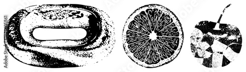 Vintage halftone prints of sliced citrus, cherry, and bar of soap, textured, graphic design elements, retro illustration style.