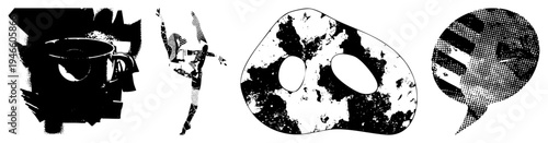 Four stylized vector with halftone, fragmented, and organic voids coffee cup, dancer, mask, speech bubble. Perfect for UI, posters, graphic design.