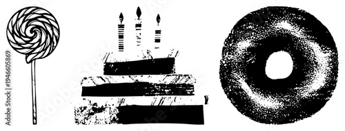 Festive birthday cake with candles, swirly lollipop, textured donut all in stark black halftone vector style. Sweet treats rendered with gritty texture and clean.