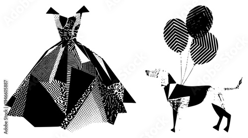 Abstract dress with halftone, geometric dog holding balloons, vector art, fashion illustration, stylized animal, party theme, design.