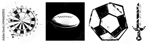 Grunge style vector of board, football, soccer ball, and sword with distressed textures, isolated foreground elements, palette, stylized sports and weaponry symbols.