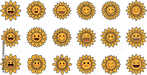 Smiling sunflowers with different expressions smiley faces yellow orange