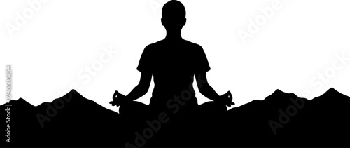 Silhouette of meditating person on mountain vector.