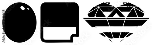 Black vector bowling ball, document, diamond cut. Minimalist flat design. Isolated symbols for UI, branding, or graphic design projects.