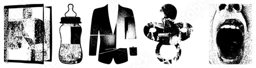 Graphic vector rendered in halftone open book, baby bottle, suit, pacifier, screaming mouth., isolated, stylized symbols for design or UI.
