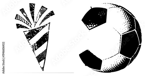 Festive party hat with striped, soccer ball with classic black and white panels, halftone texture, graphic illustration, celebratory symbols.