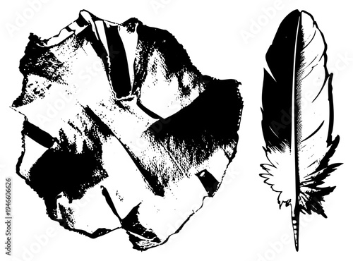 Black and white graphic of rugged stone and detailed feather, halftone texture, isolated vector art, stylized natural elements.
