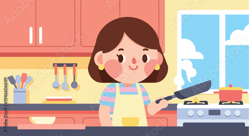 Young girl happily cooking a meal in a kitchen with a stove and utensils, cartoon style