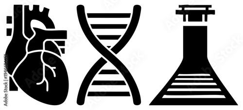 Biological symbols representing cardiovascular health, genetics, and laboratory research, stylized vector for science education or healthcare branding.