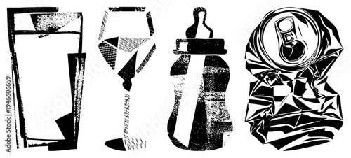 Graphic illustration of drink vessels tumbler, wine glass, water bottle, crushed can using halftone and stark black for artistic texture and contrast.
