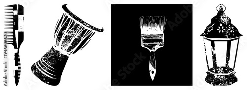 Grungy black and white vector of grooming comb, djembe drum, paintbrush, and decorative lantern, stylized with distressed texture and bold.